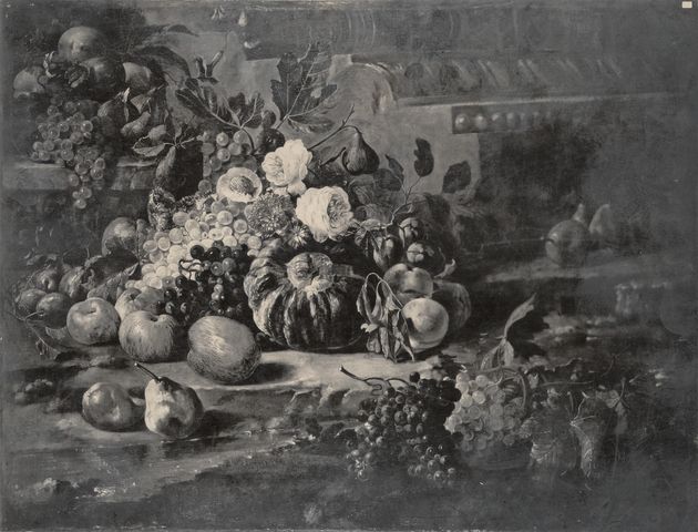 Anonimo — Brueghel Abraham - sec. XVII - Natura morta con frutta, fiori e frammento architettonico — insieme